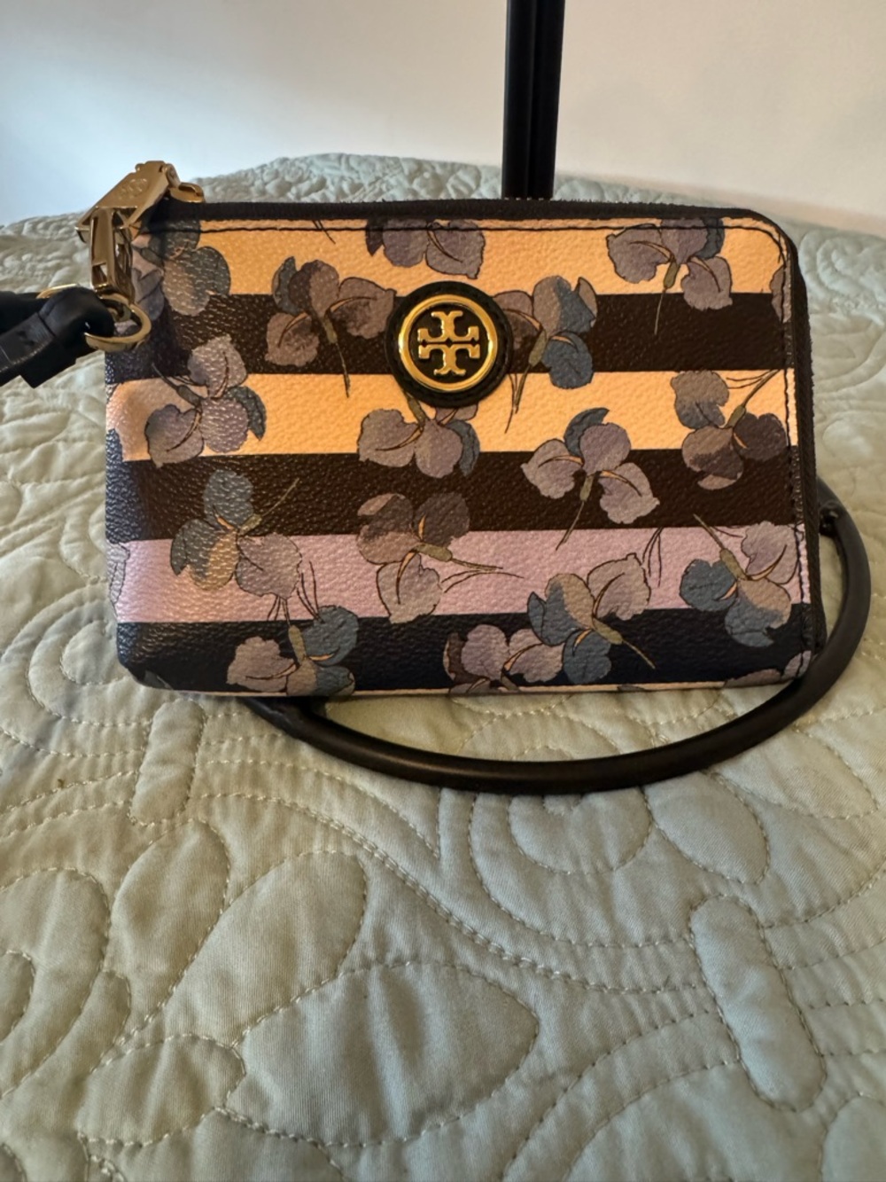 Tory Burch Striped Floral Crossbody Wristlet in Blue, Black & Cream